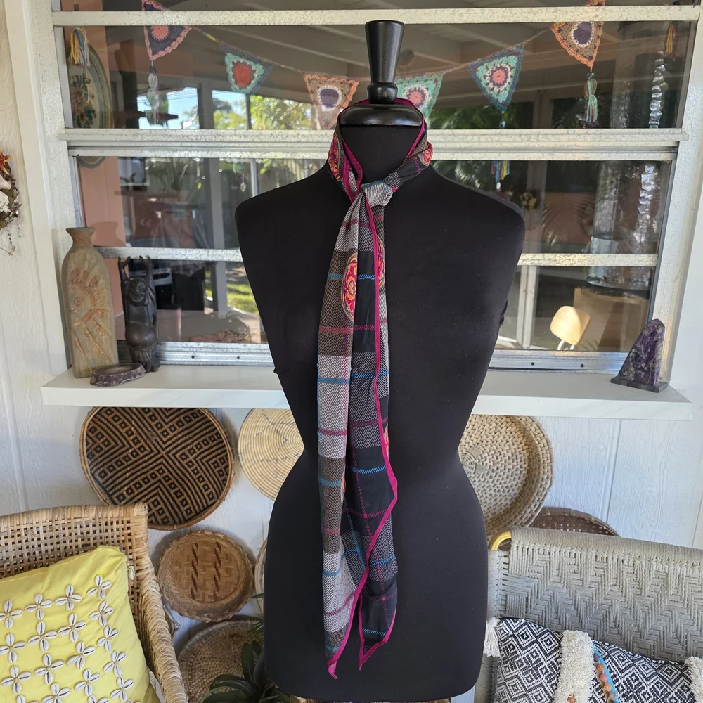 Vintage Silk Albert Nipon Plaid Scarf with Pink and Blue Accents Retro Boho